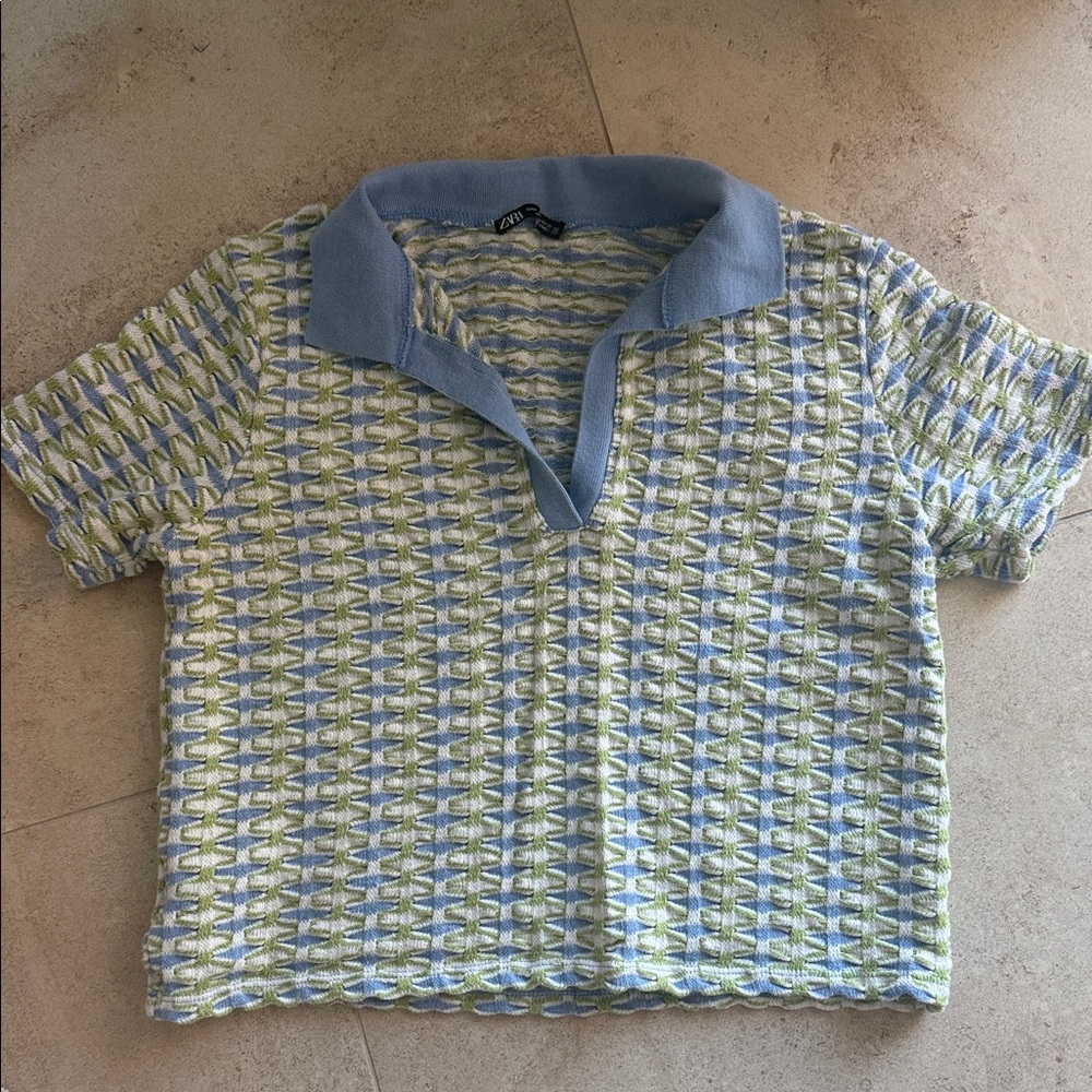 Zara Blue and Green Short Sleeve Crop Top